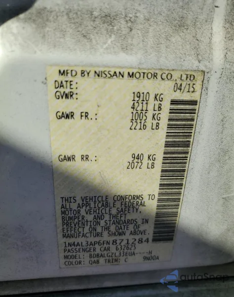 2015 Nissan Altima 2.5 z USA, uszkodzony, nr VIN 1N4AL3AP6FN871284